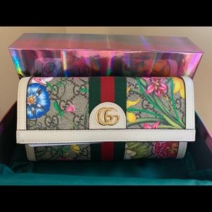 Gucci GG Supreme Monogram Flora Web Ophidia Continental Long Wallet (White)